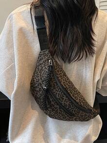 Damen Mode Leoparden Muster Winter Schräge Schulter Hüfttasche, gewebter Reißverschluss Lässig Hüfttasche, Outdoor Sport Crossbody Brusttasche - Kaffeebraun - Übersicht 5