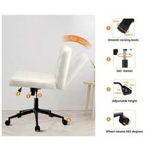 SUN YEE Swivel Armless Desk Chair, Boucle Cross Legged Office Chair With Adjustable Height And Backrest, Vanity Chairs W/Wide Seat & Spinning Castors For Bedroom Home Office, White