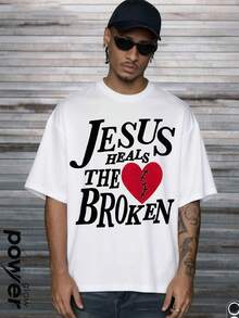 JESUS HEALS THE BROKEN Men's Graphic Tee Y2K,  Fashion Street Style Same Gender Design. It's A Pure Cotton Casual T-Shirt For Spring And Summer, With A Round Neck And Short Sleeves - White - View 2