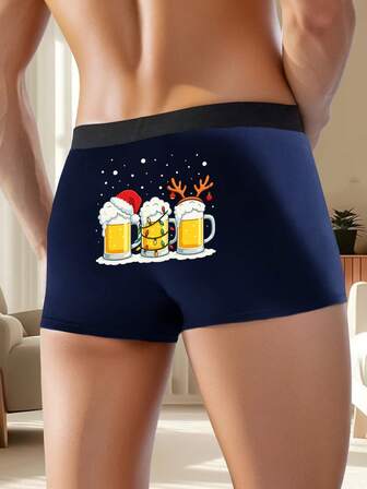 1 Piece Of Christmas-Themed Fun Beer Printed Blue Men's Boxer Briefs, Soft And Comfortable Shorts, Daily Home Underwear, Suitable For Exercise And Camping, Perfect Christmas Gift For Boyfriends