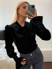 Livesso Women Black Flare Sleeve Pullover Blouse,Long Sleeve Tops Fleece Lined Fall,Winter