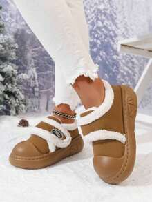 2 Chinelos Térmicos com Sola Grossa de 25cm para Mulheres, Botas de Neve de Moda Outono/Inverno 2020 para Uso Externo, Forro Peludo, Fechamento com , Sapatos de Inverno Quentes