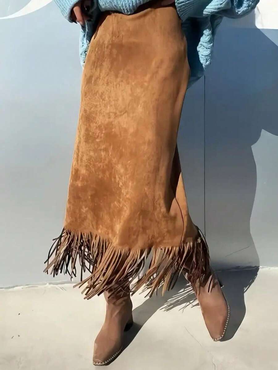 Women's Solid Color Elegant Suede Fringe Skirt Spring - Tan - View 1