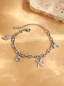 1pc Stainless Steel Unique Design Versatile Starfish & Seashell Pendant Bracelet For Women, Exaggerated Beach Vacation Style, New Ocean Bracelet, Non-Fading Accessory