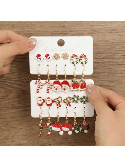 6 Pairs Christmas Enamel Colorful Earring Set, Wreath, Santa Claus, New Design, Winter