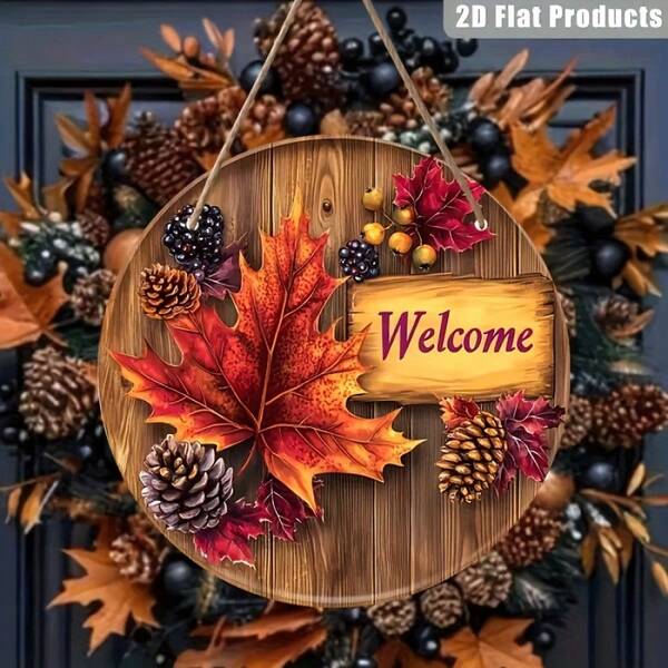 2D Flat Decorative Sign And Plaque, 1pc Rustic Wooden Autumn Wreath Sign - "Welcome" Sign With Vibrant Maple Leaves And Pinecones, 2D Flat Design, Perfect For Home, Garden, Door, Living Room, Dining Room Decor, Ideal Gift For Friends And Colleagues, Outdoor Wall Hanging Decor | Autumn Theme | 2D Flat Design, Autumn Decor