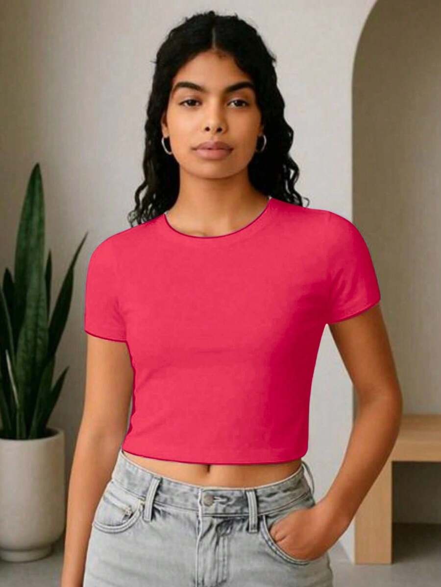 cropped manguinha manga curta feminino canelado verão - Pink - Visão 1