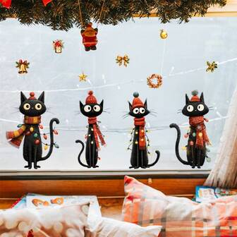 Christmas Black Cat Windows Clings - Self-Adhesive PVC Holiday Decor With Santa Hats, Gifts & Bells - Classic Cartoon Cat Design For Window, Kitchen, Fridge - Festive Home Decoration, Christmas Decorations, Wall Sticker For Windows, Wall, Decorative/Adhesive Wall Stickers, Wall Decoration For Home, Self-Adhesive Door Sticker, Windows Sticker