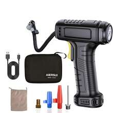 便携式空气压缩机，轮胎充气泵，150 PSI车载充气泵。配备LED工作灯，并附赠EVA收纳盒。有线版不含电池；无线版包含7.4V 2000mAh锂离子电池。支持快速充气和自动断电功能。适用于汽车/摩托车/自行车/篮球等，也可作为汽车配件/礼品使用。 - 黑色 - 查看 8