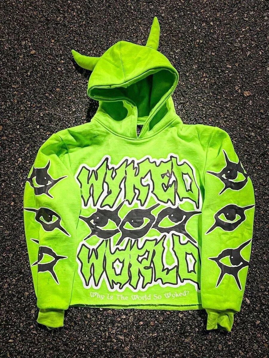 Y2K Gothic Harajuku Street Hip Hop Hoodie For Men Devil Horn Hooded Sweatshirt Punk Goth Aesthetic Grunge Pullover - Green - View 1