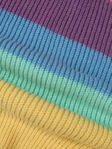Teen Girls Macaron Rainbow Ribbed V-Neck Sweater, Loose Drop Shoulder Ribbed Knit Pullover, Autumn/Winter - Pink - View 11