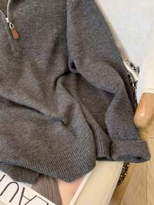Women's Vintage Embroidered Zip-Up Mock Neck Sweater, Casual & Warm For Autumn/Winter Fall - Grey - View 4