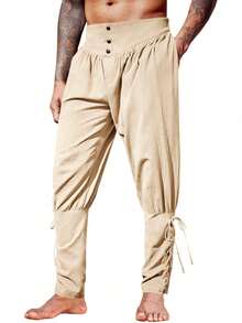 Runcati Men's Medieval Renaissance Viking Pirate Linen Pants Lace Up Tapered Ankle Design Halloween Costume Trousers For Cosplay & Reenactments - 米色 - 查看 5
