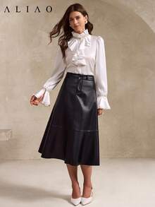 Aliao 华丽串珠荷叶边领缎面衬衫，端庄优雅，适合婚礼季、情人节、白色派对、老钱风格、宫廷风格、吸睛装扮、日常优雅、新年、春季上衣、派对上衣、度假装扮等场合，白色衬衫。 - 白色 - 查看 7