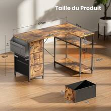 HLONONE Desk 120/140 Cm With 3 Fabric Drawers & Storage Bag, Corner Computer Desk With Shelves For Office & Home Office, 4 Colors - 棕色 - 查看 7
