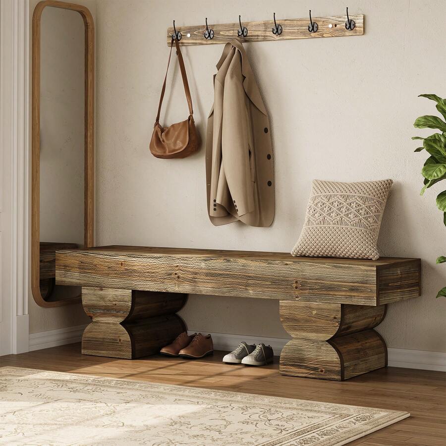 LITTLE TREE Entryway Bench, Solid Wood Shoe Bench, Farmhouse End Of Bed Stool With Sturdy Double Pedestal For Entryway, Living Room, Bedroom, Antique Gray Brown