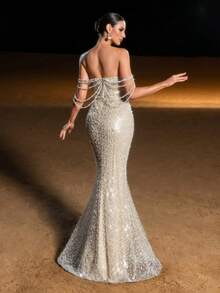 Elisanya Elegant Off-Shoulder Mermaid Evening Gown With Layered Pearl Chains & Shimmering Sequins - Champagne - View 3