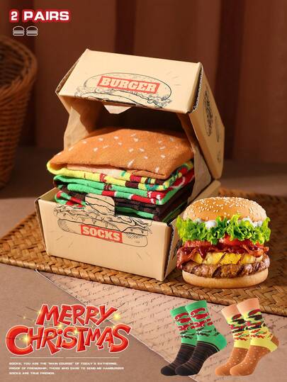 2 Pairs Novelty Multicolor Hamburger Mid-Calf Socks Gift Box, 2025 Autumn/Winter New Unisex Sports Socks, Imaginative Food-Inspired Design, Knitted Fabric, Tall & Thick Soft & Comfortable, Perfect Gift For Easter, Birthday, Thanksgiving, Halloween, Christmas, Carnival, Valentine's Day, Family Gathering, Party
