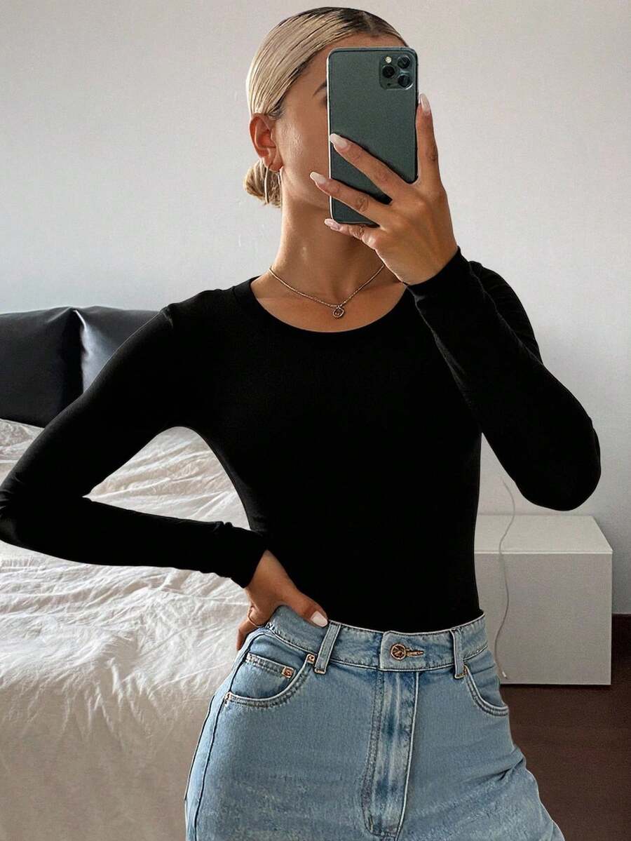 Livesso Women's Black Round Neck Long Sleeve Fitted Elegant Charming Gentle Sweet T-Shirt - Black - View 1