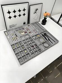9pcs Gray Jewelry Tray, Multi-Compartment Jewelry Tray, Ring And Necklace Storage Tray, Rectangular Jewelry Storage Container, Jewelry Display Tray, Drawer Divider Storage Tray, Small Item Storage Organizer
