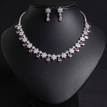 Bộ trang sức đính đá Cubic Zirconia tông bạc 3 món bao gồm hoa tai, vòng cổ, thích hợp cho trang phục dự tiệc, đám cưới, dạ tiệc, quà tặng trang sức thời trang của phụ nữ - Bộ trang sức - Xem 3