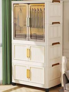 Freestanding Portable Wardrobe Closet Organizer 55cm Wide With Hanging Rod & Doors, Foldable Stackable Clothes Storage Bins With Lids, Dustproof Collapsible Garment Cabinet With Wheels For Bedroom, Dorm & Office - 米色 - 查看 3