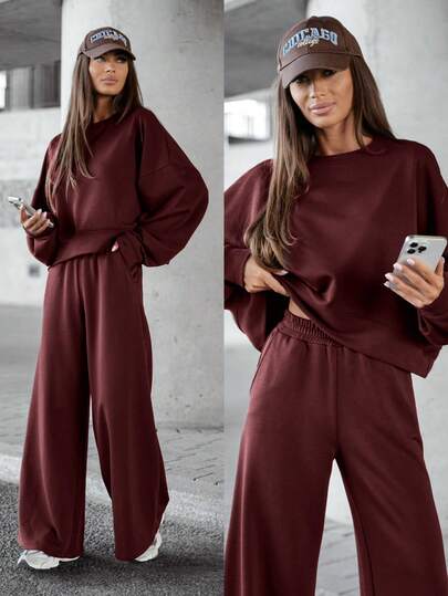 2pcs Women Solid Color Round Neck Long Sleeve T-Shirt And High Waist Wide Leg Pants Set, Suitable For Autumn/Winter Everyday Wear Spring