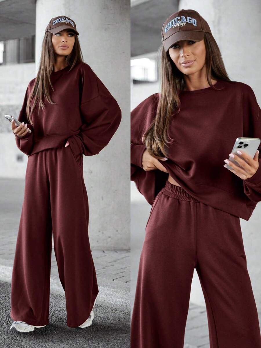 2pcs Women Solid Color Round Neck Long Sleeve T-Shirt And High Waist Wide Leg Pants Set, Suitable For Autumn/Winter Everyday Wear