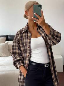 Livesso Camisa de mujer de manga larga con cuello vuelto y estampado de cuadros, color marrón café, para primavera/verano/otoño, franela para mujer, ropa de mujer para otoño