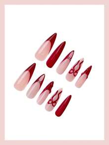 24片长尖法式美甲贴纸，红色法式尖头设计，带3D蝴蝶结，红色3D线条艺术，优雅光泽，全覆盖，适合女性和女孩假指甲 - 紅色 - 查看 3