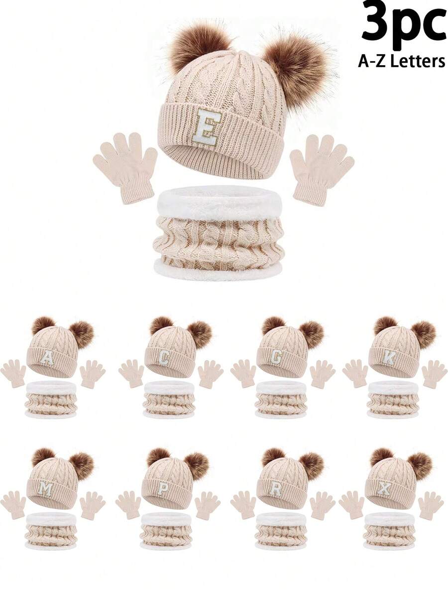 3pcs/Set Kids 26 Letters Decor Pom Pom Decoration Casual Warm Outdoor Versatile New Year Gift Beanie, Scarf And Gloves Set - 26 Letters - View 1