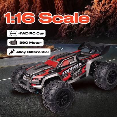 RC-Geländewagen im Maßstab 1:16 mit anderer Autohülle, 40+ km/h schneller, ferngesteuerter Allrad-Geländewagen mit 2 wiederaufladbaren Batterien, 2,4 GHz elektrisches Spielzeugfahrzeug als Geschenk, proportionale Drosselklappe/Lenkung, Stahl-Metall-Chassispanzerung, unabhängige Stoßdämpfung, rutschfeste Reifen, LED mit hoher Helligkeit, Geburtstags-, Weihnachts- und Ostergeschenke