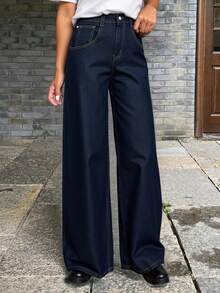 Livesso Plus Size Women Street Casual Loose Straight Leg Jeans, Tall Women - Dark Wash - View 1