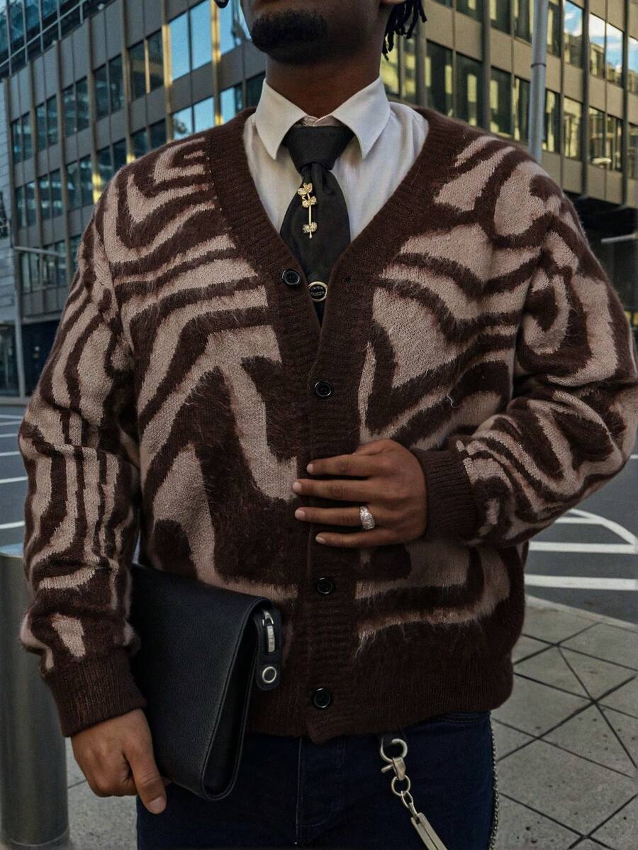 Casual Loose V-Neck Button-Up Cardigan, Zebra Print, Streetwear Style Unisex Top, Spring/Autumn/Winter - Brown - View 1
