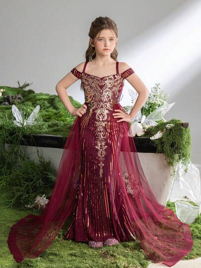 ALISA&LEO Zarter Spaghettiträger Pailletten Blumenmädchen Kleid mit transparentem Rock und Herzausschnitt für Hochzeitszeremonien, formelle Galas, Abendempfänge, Preisverleihungen, Feierlichkeiten