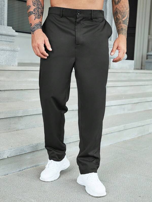 Plus Size Men's Solid Color High Waist Pockets Straight Loose Casual Pants