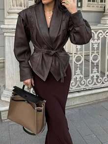 DEEKA 秋冬新款女士休闲时尚翻领腰带米色复古夹克短款皮衣 - 棕1 - 查看 3