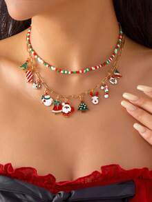 1 buc Lanț Reglabil din Aliaj cu Mărgele din Lut Polimeric, Colier cu Pandantiv de Crăciun cu Mai Multe Straturi, Moș Crăciun, Brad de Crăciun, Om de Zăpadă - Colier la Modă și Versatil pentru Femei, de Crăciun, Sărbători, Petrecere, Evenimente, Bijuterii Choker - Cadou (Culoare Aleatoare)
