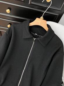 GMFP 女士冬季外套，休闲优雅时尚宽松纯色落肩长袖休闲羊毛拉链黑色大衣，适合新年/情人节穿着 - 黑色 - 查看 3