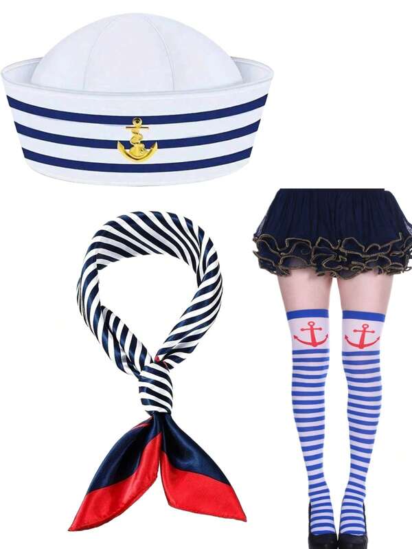 2 Pieces Women Men Navy Outfit Sailor Costume Captain Hat Sailor Scarf For Christmas New Year Gift Cosplay Navy Themed Party,Marine Costume Accessory