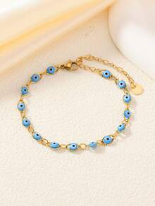 1pc Fashionable Golden Stainless Steel Devil Eye Bead Sliding Bracelet, Handmade With Size Variation
