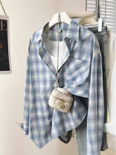 Vintage Elegant Blue Plaid Long Sleeve Top, Fashionable Loose Fit Shirt, Unique Design For Women, Suitable For Autumn