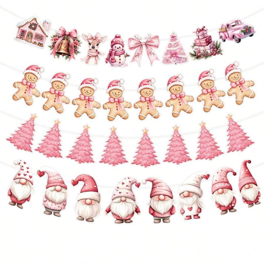 9-Piece Set Of 3D Pink Santa Claus And Gingerbread Man Honeycomb Ornaments - Super Cute, Snowman, Santa Claus, Reindeer, Christmas Tree Shaped Ornaments - Universal Table Decorations For Christmas, Holidays, And Birthday Parties