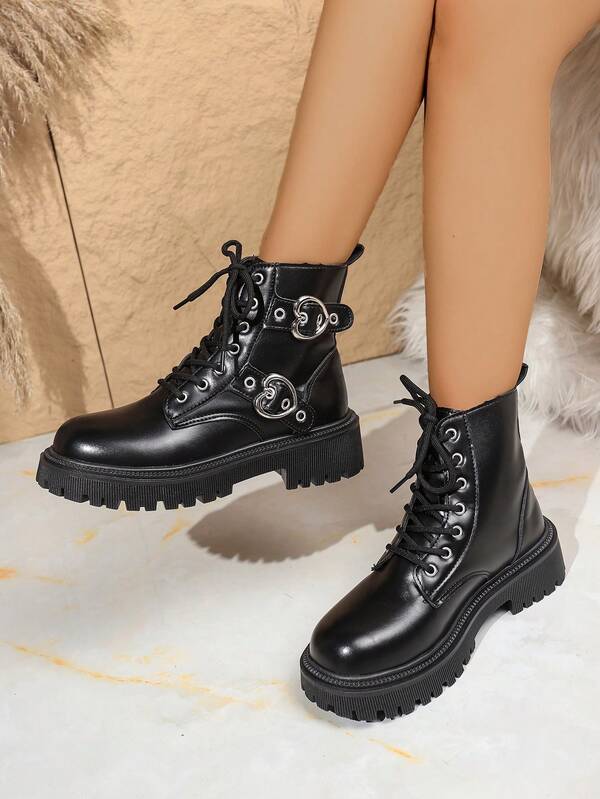 Stivali da donna con suola spessa, colore unito, stringati, antiscivolo, caldi, alla moda, casual e versatili
