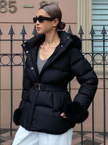 Livesso Women's Padded Coat With Fur Collar, Mid-Length, Thick, Versatile, Fluffy Cuffs, Solid Color, Cinched Waist, Winter New Style Jacket - Black - View 1
