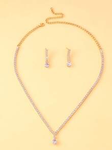 3 件简约优雅方晶锆石首饰套装，项链，适合日常佩戴、婚礼、派对、生日、节日 - 金色 - 查看 7