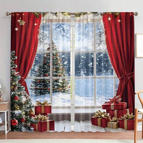 2 pezzi Tende decorative natalizie stampate in 2D, design natalizio per finestre con albero decorato, regalo, scena invernale, adatte per protezione della privacy in soggiorno, camera da letto, cucina, decorazione natalizia per la casa
