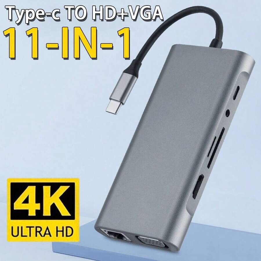 11 合 1 Type-C 转 HDTV+VGA USB 扩展坞，多端口 USB 集线器，三显示屏，带双 HDTV、VGA、PD、以太网、3 * USB、麦克风/音频、SD/TF 读卡器，兼容 MacBook Windows 和其他 USB 笔记本电脑
