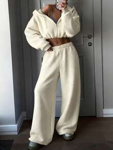 Women's Casual Fashionable Hoodie With Ruched Waist Design, Paired With Loose Straight Leg Sweatpants, Beige Set, Autumn/Winter