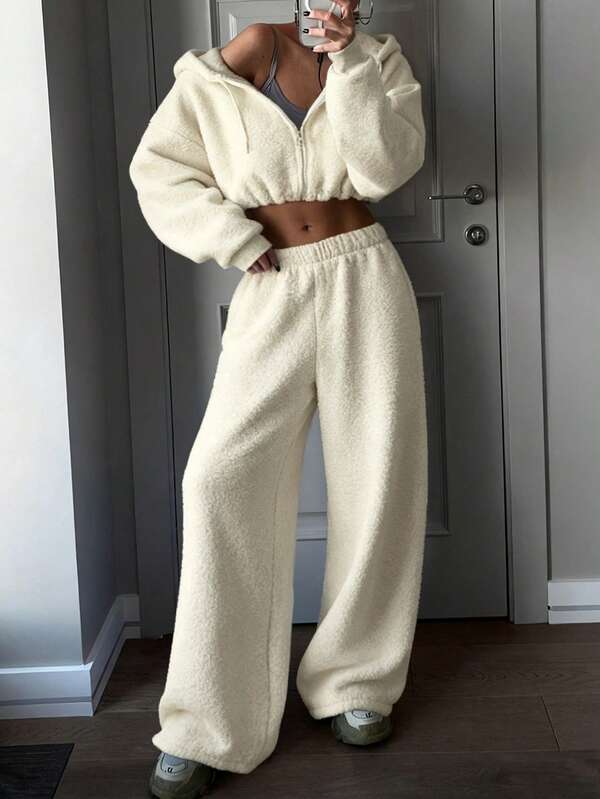 Women's Casual Fashionable Hoodie With Ruched Waist Design, Paired With Loose Straight Leg Sweatpants, Beige Set, Autumn/Winter